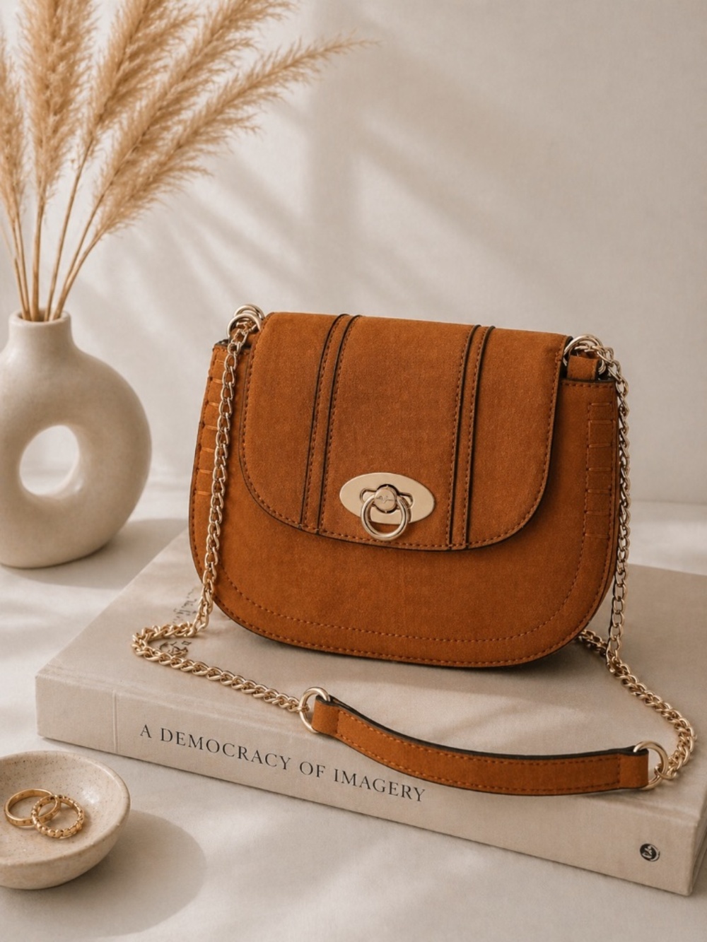 LC‎ LAUREN CONRAD Macaron Saddle Tan Crossbody Bag | Stitched Faux Leather - Picture 3 of 11
